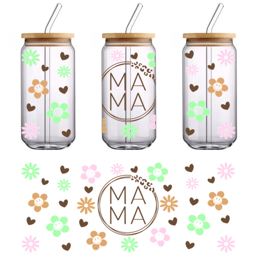 A cheerful floral design featuring colorful flowers and hearts, centered around the word "MAMA" in a playful font.UV Transfers heat press transfers