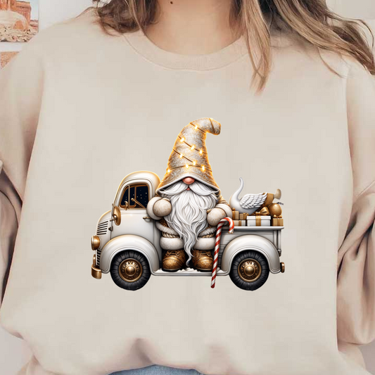 A whimsical gnome in a golden hat sits in a vintage white truck, surrounded by gifts and festive decorations.DTF Transfers dtf transfers