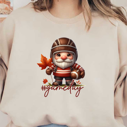 A festive gnome in a football helmet and striped shirt, holding a football and autumn leaves, perfect for game day! dtf prints