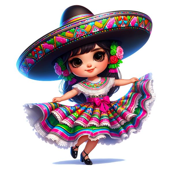 This charming doll wears a vibrant traditional dress and a colorful sombrero, celebrating a festive cultural spirit.