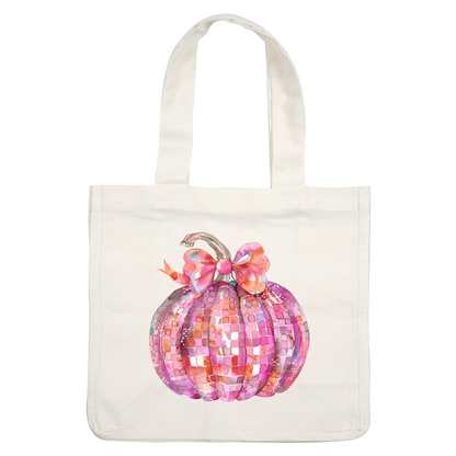 A whimsical, colorful watercolor pumpkin adorned with a vibrant bow, showcasing a beautiful mosaic of pink and orange hues.dtf regular iron