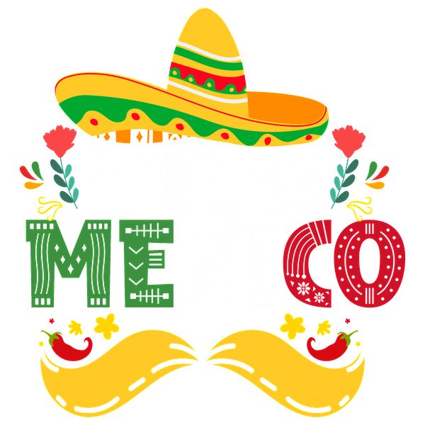 Celebrate Mexican culture with this vibrant "Viva Mexico" design featuring a colorful sombrero, flowers, and playful elements. dtf prints