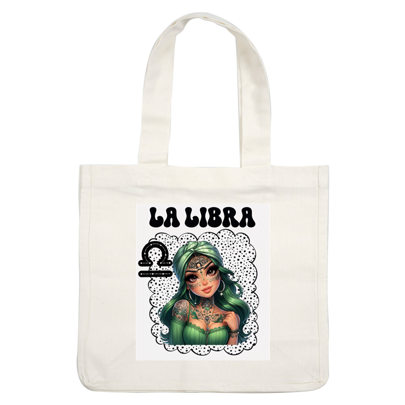 Una ilustración vibrante de una mujer con cabello verde y tatuajes intrincados, que representa el signo astrológico Libra, titulada "La Libra".