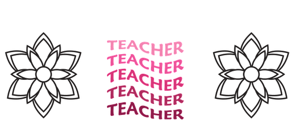 A vibrant design featuring the word "TEACHER" in pink with floral elements on both sides, celebrating educators.UV Transfers heat press transfers