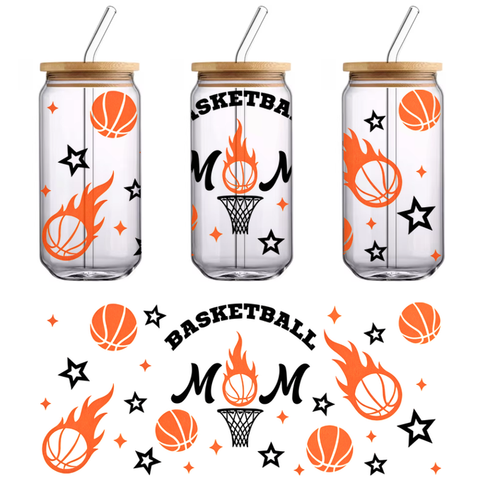 A vibrant and playful basketball-themed design featuring flaming basketballs and stars, perfect for a sports enthusiast mom.UV Transfers dtf transfers