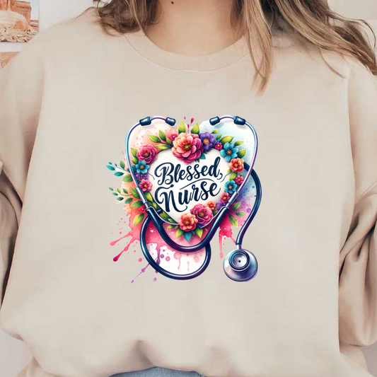 A colorful and floral "Blessed Nurse" design featuring a stethoscope, celebrating the nursing profession with vibrant artistry.DTF Transfers