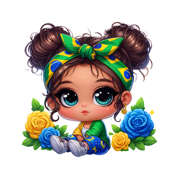 A cute cartoon girl with big eyes, styled hair, and a colorful headband, surrounded by vibrant blue and yellow flowers.DTF Transfers heat press transfersdtf regular iron