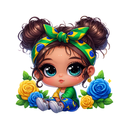 A cute cartoon girl with big eyes, styled hair, and a colorful headband, surrounded by vibrant blue and yellow flowers.DTF Transfers heat press transfersdtf regular iron