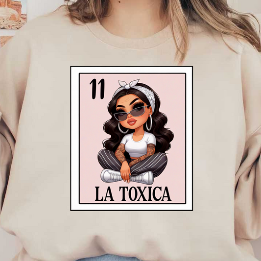 This vibrant illustration features a stylish character, "La Toxica," with long curly hair, sunglasses, and tattoos, sitting casually.