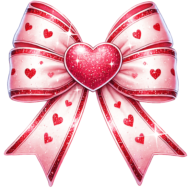 A sparkling pink bow adorned with red hearts and a glittery heart centerpiece, perfect for adding a romantic touch!DTF Transfers