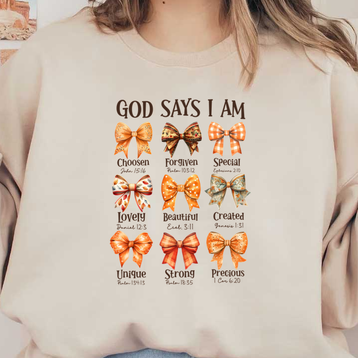 A colorful display of bows, each labeled with affirmations like "Chosen," "Forgiven," and "Loved," promoting positive self-identity. heat press transfers