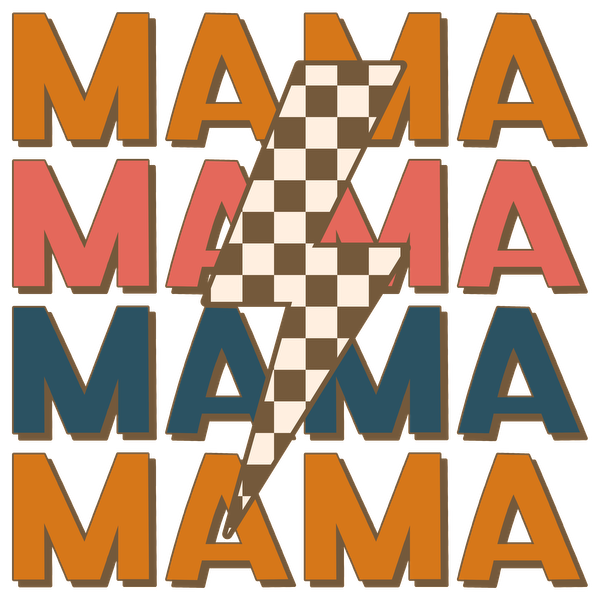 A vibrant graphic featuring repeated "MAMA" text in various colors, highlighted by a bold lightning bolt design in the center. dtf transfers