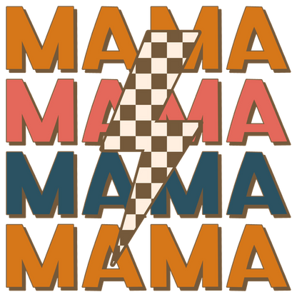 A vibrant graphic featuring repeated "MAMA" text in various colors, highlighted by a bold lightning bolt design in the center. dtf transfers