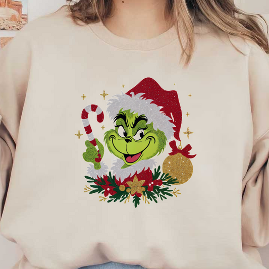 This festive design features the Grinch in a red Santa hat, holding a candy cane amidst Christmas decorations and greenery.DTF Transfers