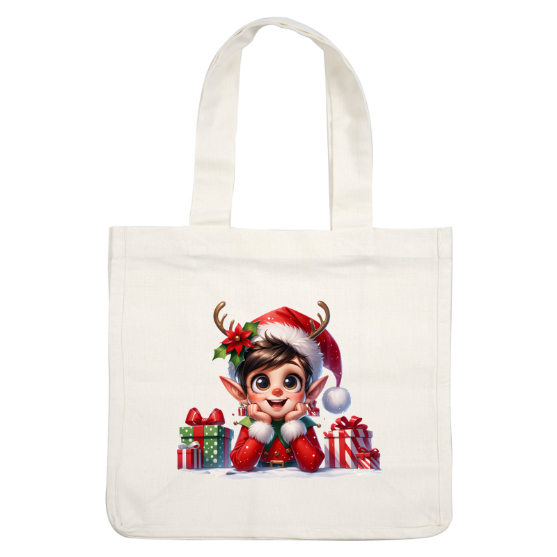 A cheerful elf in a festive outfit, complete with a Santa hat and antlers, surrounded by colorful holiday gifts.DTF Transfers heat press transfers