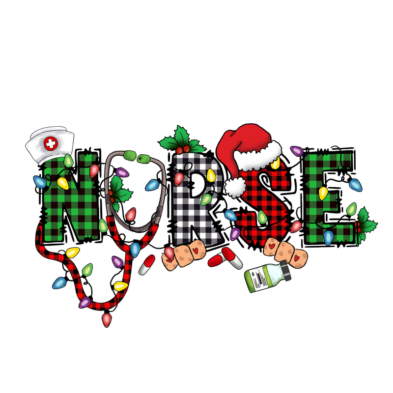 Celebrate the holiday spirit with this vibrant "Nurse" graphic featuring festive elements like lights, a Santa hat, and a stethoscope!DTF Transfers