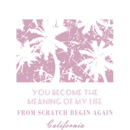 Un gráfico vibrante con temática de California que presenta palmeras y un texto inspirador sobre nuevos comienzos y el significado de la vida.