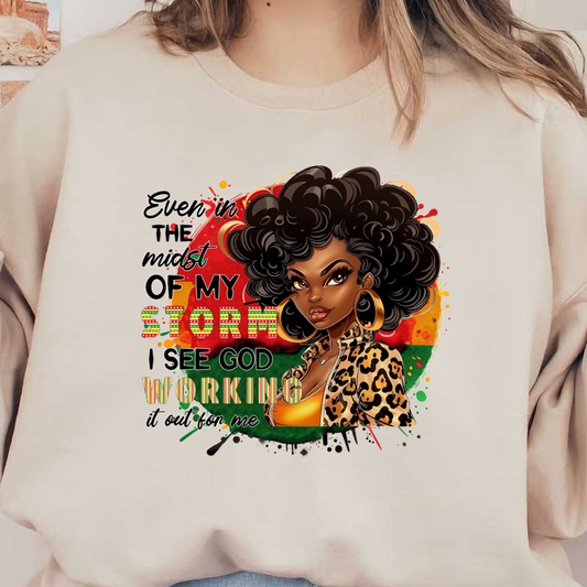 An empowering graphic featuring a confident woman with voluminous hair, adorned in a leopard print jacket, with an inspiring quote. dtf prints