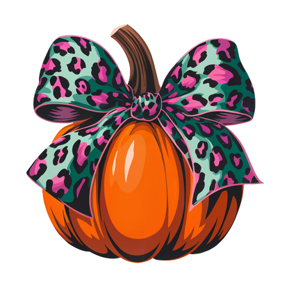 Una calabaza naranja vibrante adornada con un elegante lazo con estampado de leopardo en verde azulado, rosa y negro para darle un toque otoñal divertido.