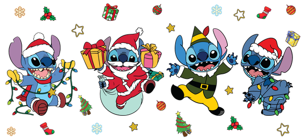 Celebrate the holidays with this festive illustration featuring Stitch in various cheerful Christmas outfits, surrounded by gifts and decorations!UV Transfers