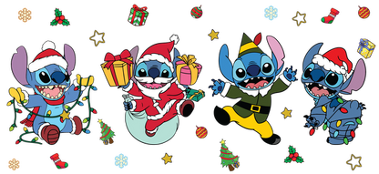 Celebrate the holidays with this festive illustration featuring Stitch in various cheerful Christmas outfits, surrounded by gifts and decorations!UV Transfers