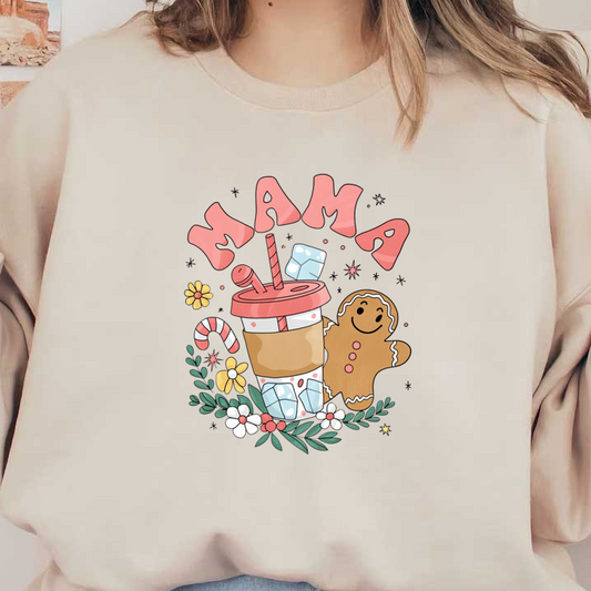 A whimsical illustration of a festive drink and gingerbread cookie with the word "MAMA" surrounded by flowers and candy canes. dtf transfers