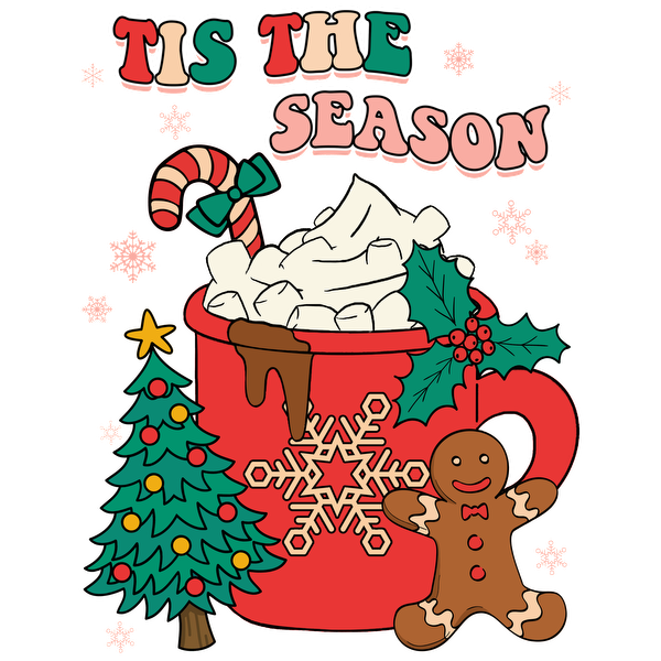 A festive illustration featuring a cheerful holiday mug filled with marshmallows, a candy cane, a gingerbread man, and a Christmas tree. dtf transfers