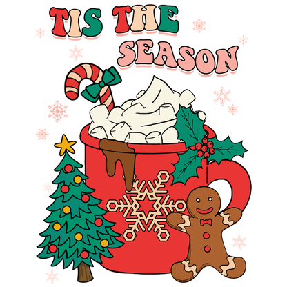 A festive illustration featuring a cheerful holiday mug filled with marshmallows, a candy cane, a gingerbread man, and a Christmas tree. dtf transfers