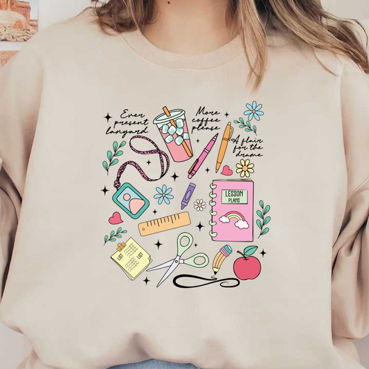 A vibrant collection of school supplies, including a pink notebook labeled "Lesson Plans," scissors, markers, and a cheerful apple.DTF Transfers