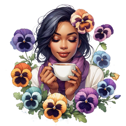 Una mujer serena disfruta de una taza de café caliente rodeada de pensamientos coloridos, irradiando calma y belleza en la naturaleza.