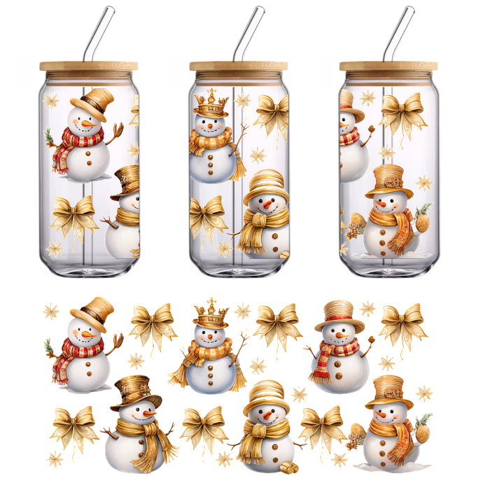 A cheerful collection of snowmen in festive hats and scarves, accompanied by golden bows and autumn leaves, perfect for holiday decor.UV Transfers dtf prints