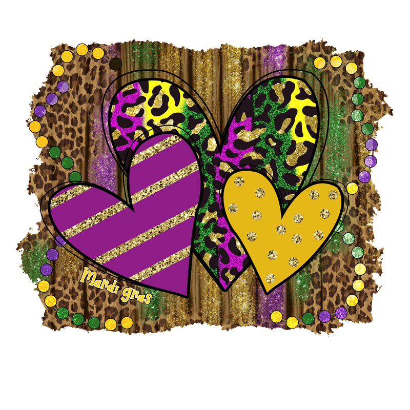 Colorful Mardi Gras-themed design featuring vibrant hearts in purple, yellow, and animal print, adorned with glitter and beads.DTF Transfers