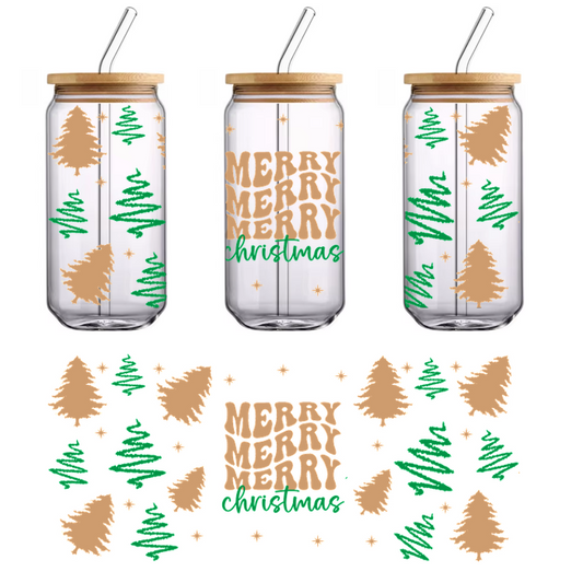 A festive design featuring the phrase "Merry Christmas" surrounded by colorful Christmas trees and snowflakes, perfect for holiday cheer.UV Transfersdtf regular iron
