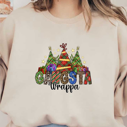 Celebrate the season with this vibrant "Gangsta Wrappa" design featuring colorful Christmas trees and wrapped gifts in festive patterns!DTF Transfers heat press transfersdtf regular iron