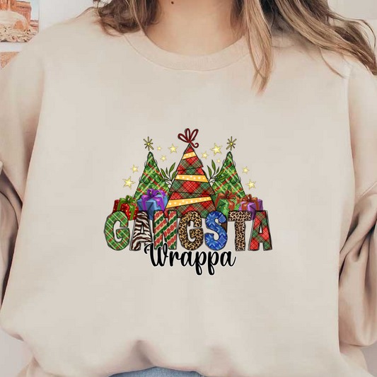 Celebrate the season with this vibrant "Gangsta Wrappa" design featuring colorful Christmas trees and wrapped gifts in festive patterns!DTF Transfers heat press transfersdtf regular iron