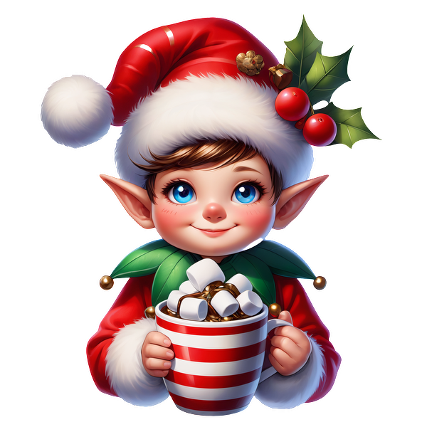 A cheerful elf in a Santa hat holds a striped mug filled with hot chocolate and marshmallows, adorned with festive greenery.DTF Transfersdtf regular iron