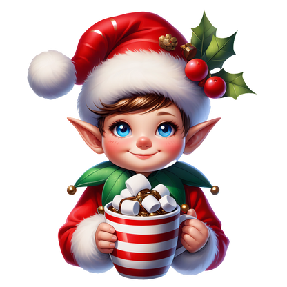 A cheerful elf in a Santa hat holds a striped mug filled with hot chocolate and marshmallows, adorned with festive greenery.DTF Transfersdtf regular iron