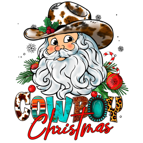 Diseño festivo "Navidad de vaqueros" que presenta un alegre Papá Noel barbudo con un sombrero de vaquero acentuado con vegetación y adornos navideños.