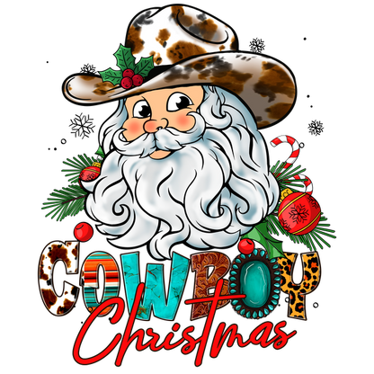 Diseño festivo "Navidad de vaqueros" que presenta un alegre Papá Noel barbudo con un sombrero de vaquero acentuado con vegetación y adornos navideños.