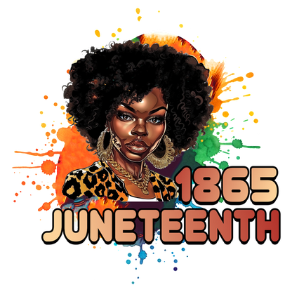 Vibrant Juneteenth artwork featuring a stylish woman with curly hair, showcasing cultural pride in a colorful and expressive design.