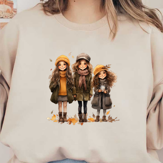 A charming illustration of three girls in stylish autumn outfits, featuring warm colors, hats, and cozy sweaters amidst falling leaves.dtf regular iron