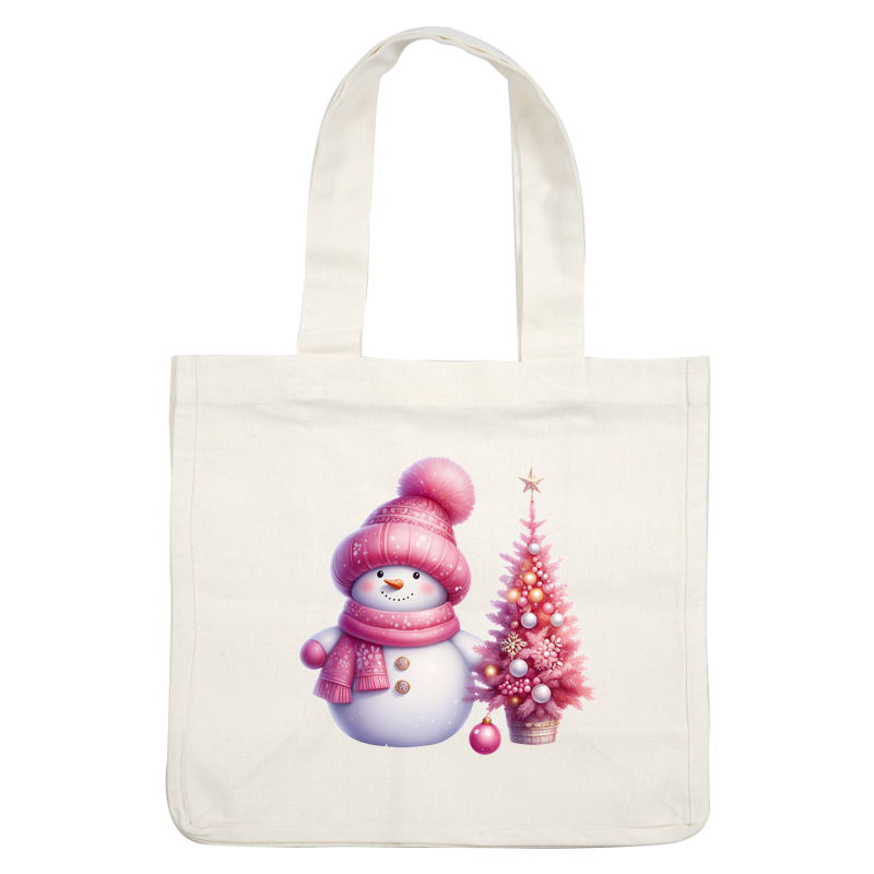 A cheerful pink snowman in a matching hat and scarf stands beside a decorated pink Christmas tree. dtf prints