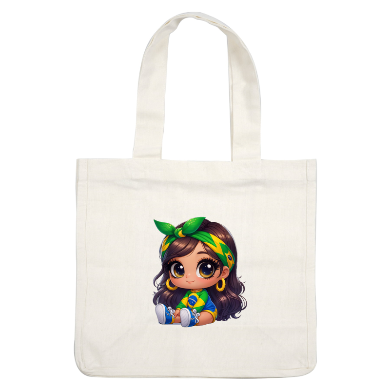 A cute character with big eyes, wearing a vibrant green and yellow outfit inspired by Brazil, complete with a matching headband.DTF Transfers dtf prints