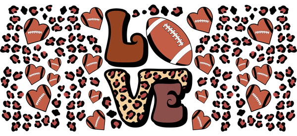 A fun and playful design featuring the word "LOVE" with a football theme, surrounded by festive elements like footballs and cheer hands.UV Transfers dtf prints