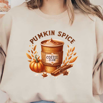 Cozy up with this pumpkin spice latte, topped with creamy swirls and accompanied by a festive pumpkin and cinnamon sticks. dtf prints