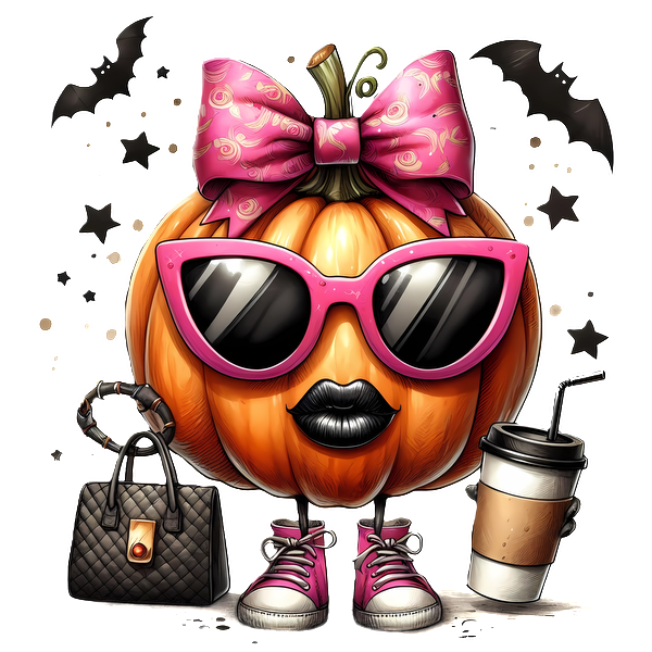 Esta moderna calabaza presenta un lazo rosa, gafas de sol de gran tamaño, zapatillas elegantes y está complementada con un bolso y una taza de café.