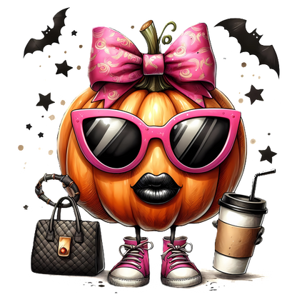 Esta moderna calabaza presenta un lazo rosa, gafas de sol de gran tamaño, zapatillas elegantes y está complementada con un bolso y una taza de café.