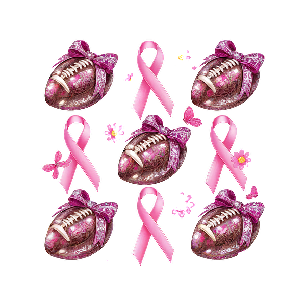 Celebrate strength with this vibrant arrangement of pink footballs adorned with bows and ribbons, symbolizing awareness and support.DTF Transfers dtf prints