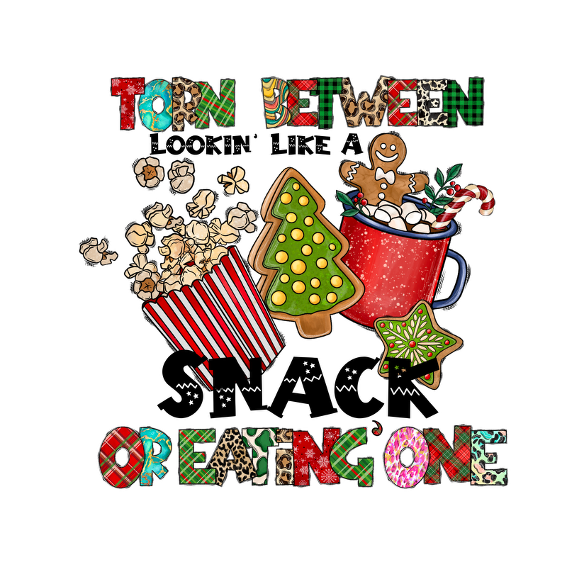 A festive design featuring popcorn, a decorated Christmas tree cookie, a mug with a gingerbread man, and playful text.DTF Transfers dtf transfersdtf regular iron