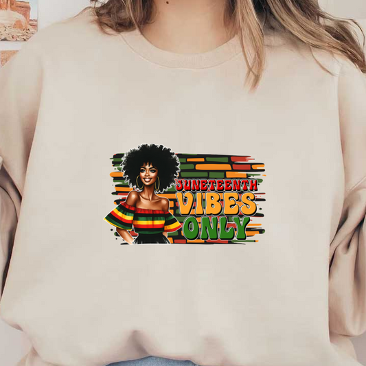 Celebrate Juneteenth with vibrant colors and a stylish design featuring a joyful woman and the phrase "Vibes Only." dtf prints